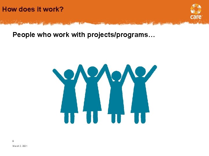 How does it work? People who work with projects/programs… 8 March 2, 2021 