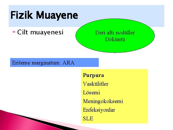 Fizik Muayene Cilt muayenesi Deri altı nodüller Döküntü Eriteme marginatum: ARA Purpura Vaskülitler Lösemi