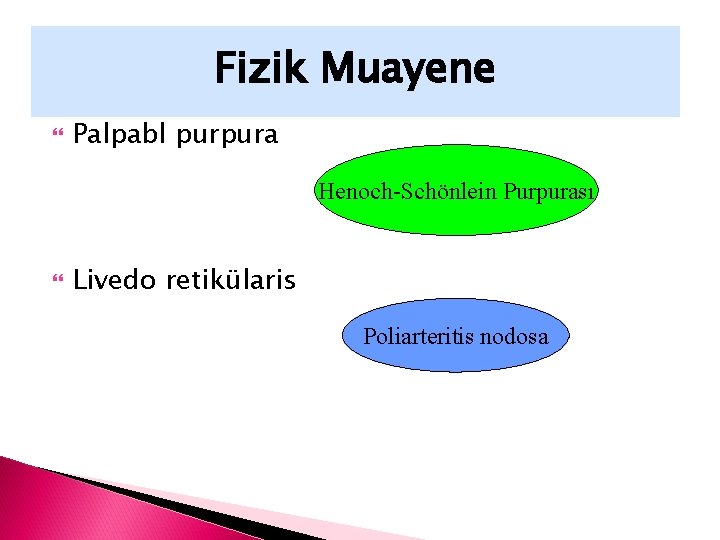 Fizik Muayene Palpabl purpura Henoch-Schönlein Purpurası Livedo retikülaris Poliarteritis nodosa 
