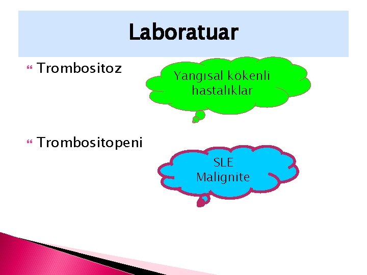 Laboratuar Trombositoz Trombositopeni Yangısal kökenli hastalıklar SLE Malignite 