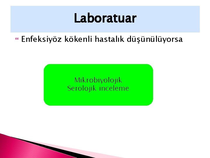 Laboratuar Enfeksiyöz kökenli hastalık düşünülüyorsa Mikrobiyolojik Serolojik inceleme 
