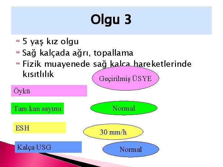 Olgu 3 5 yaş kız olgu Sağ kalçada ağrı, topallama Fizik muayenede sağ kalça