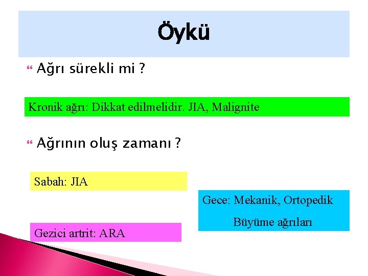 Öykü Ağrı sürekli mi ? Kronik ağrı: Dikkat edilmelidir. JIA, Malignite Ağrının oluş zamanı
