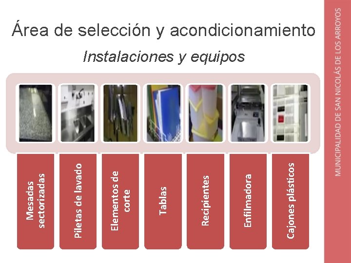 Cajones plásticos Enfilmadora Recipientes Tablas Elementos de corte Piletas de lavado Mesadas sectorizadas Área