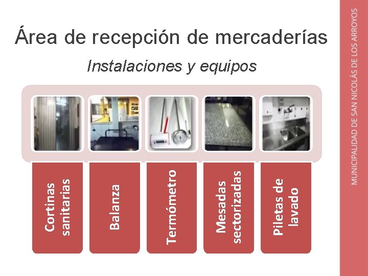 Piletas de lavado Mesadas sectorizadas Termómetro Balanza Cortinas sanitarias Área de recepción de mercaderías