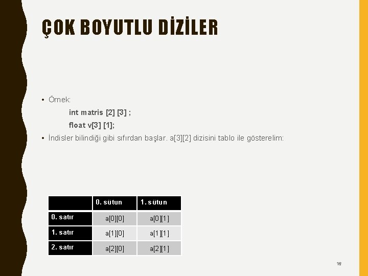 ÇOK BOYUTLU DİZİLER • Örnek: int matris [2] [3] ; float v[3] [1]; •
