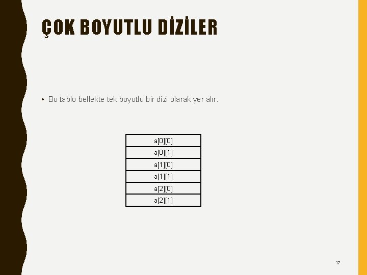 ÇOK BOYUTLU DİZİLER • Bu tablo bellekte tek boyutlu bir dizi olarak yer alır. ÇOK BOYUTLU DİZİLER • Bu tablo bellekte tek boyutlu bir dizi olarak yer alır.