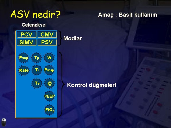 ASV nedir? Amaç : Basit kullanım Geleneksel CMV PSV PCV SIMV Psup Tp Vt