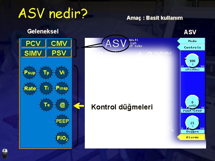 ASV nedir? Amaç : Basit kullanım Geleneksel ASV CMV PSV PCV SIMV Psup Tp