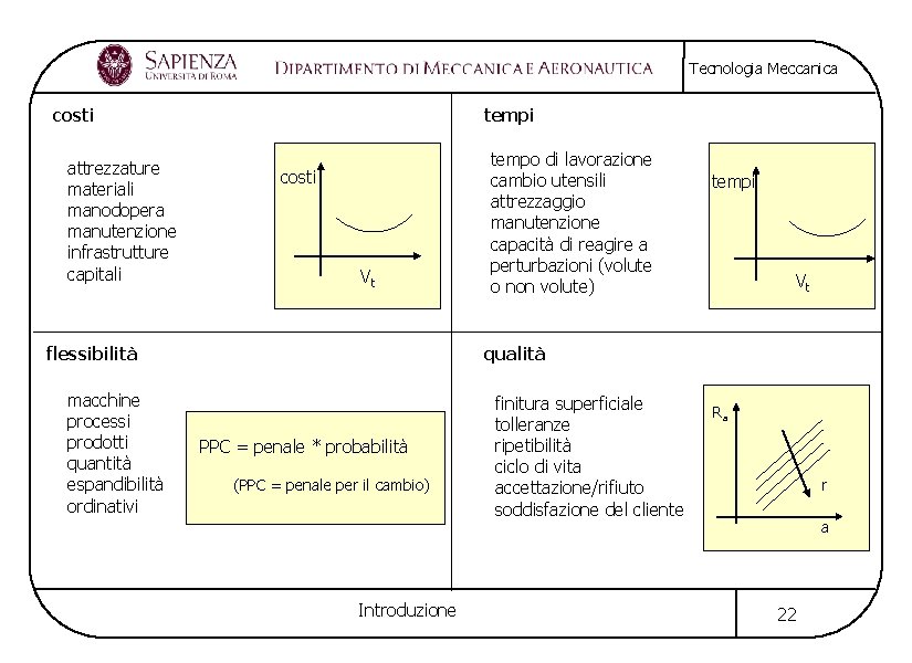 Tecnologia Meccanica costi attrezzature materiali manodopera manutenzione infrastrutture capitali tempi costi Vt flessibilità macchine