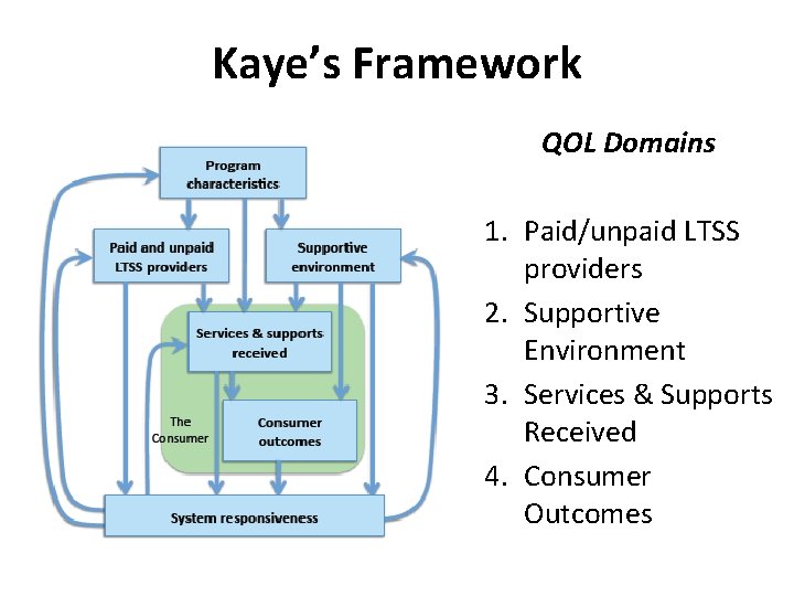 Kaye’s Framework QOL Domains 1. Paid/unpaid LTSS providers 2. Supportive Environment 3. Services &