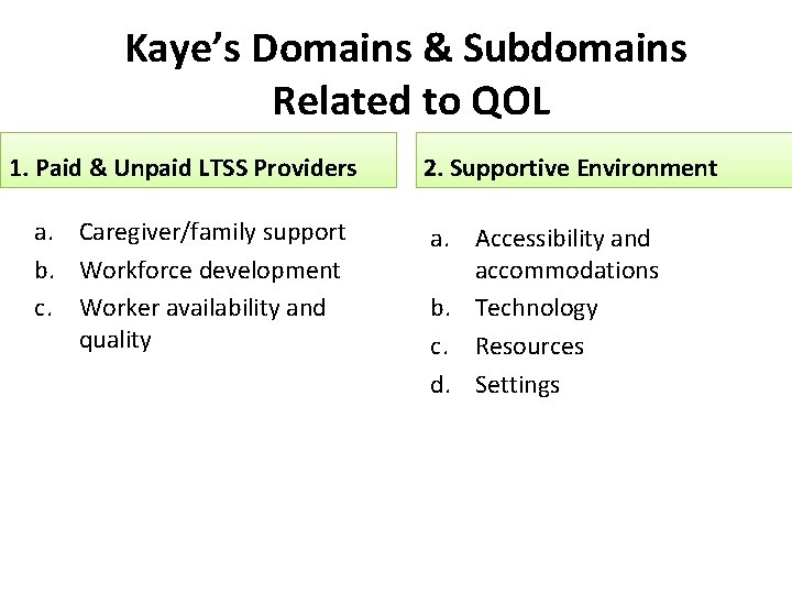 Kaye’s Domains & Subdomains Related to QOL 1. Paid & Unpaid LTSS Providers a.