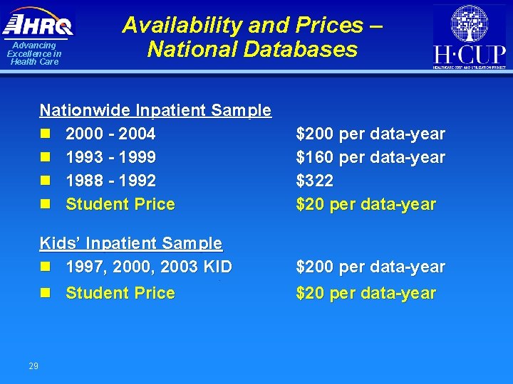 Advancing Excellence in Health Care 29 Availability and Prices – National Databases Nationwide Inpatient