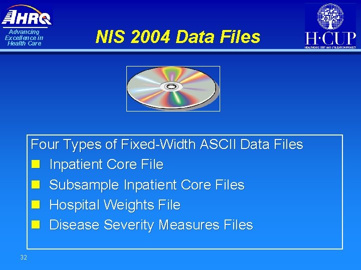 Advancing Excellence in Health Care NIS 2004 Data Files Four Types of Fixed-Width ASCII