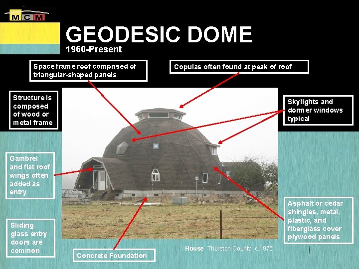 GEODESIC DOME 1960 -Present Space frame roof comprised of triangular-shaped panels Copulas often found