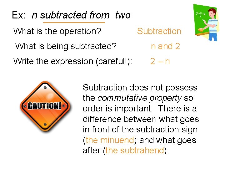 Ex: n subtracted from two What is the operation? Subtraction What is being subtracted?