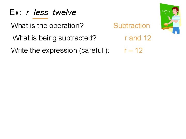 Ex: r less twelve What is the operation? Subtraction What is being subtracted? r