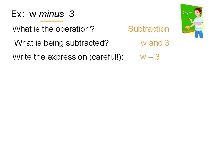 Ex: w minus 3 What is the operation? Subtraction What is being subtracted? w