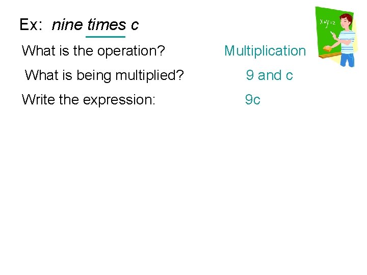 Ex: nine times c What is the operation? Multiplication What is being multiplied? 9