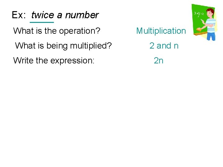 Ex: twice a number What is the operation? What is being multiplied? Write the