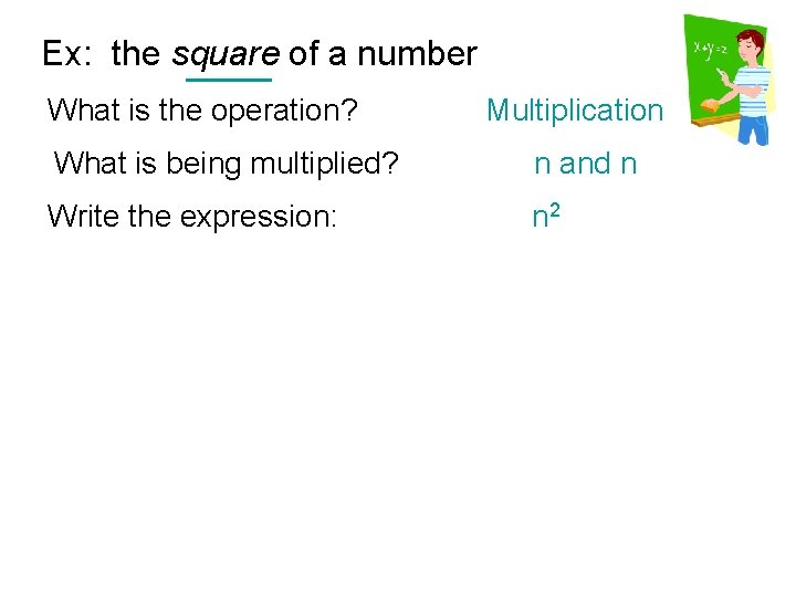 Ex: the square of a number What is the operation? Multiplication What is being