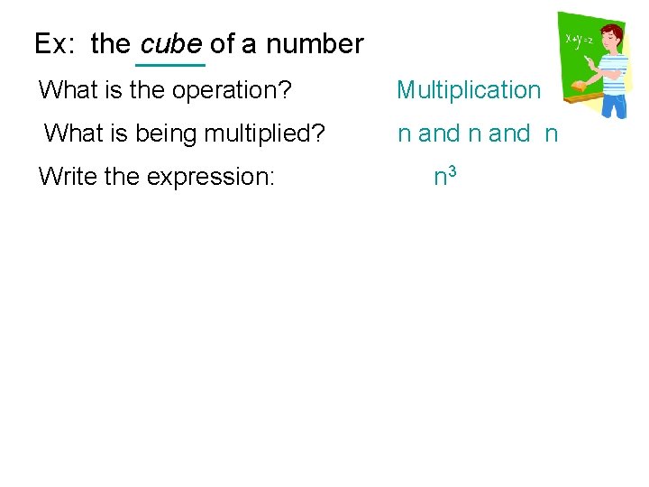 Ex: the cube of a number What is the operation? Multiplication What is being