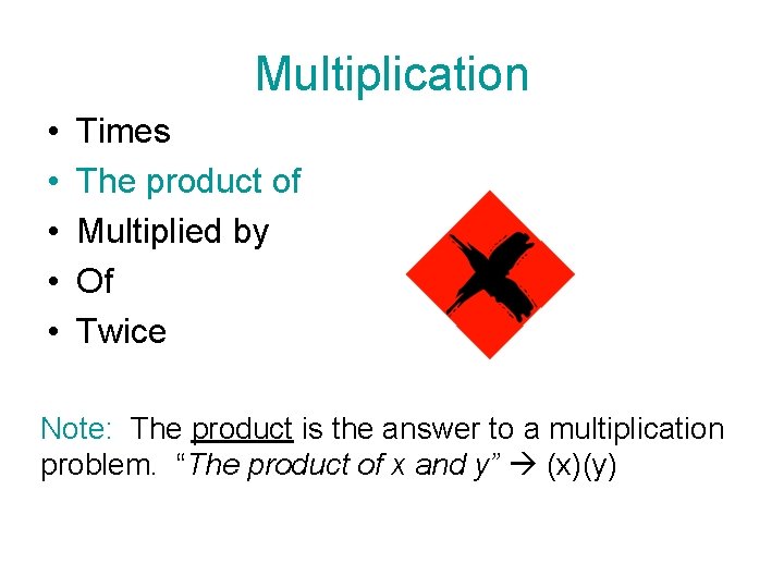 Multiplication • • • Times The product of Multiplied by Of Twice Note: The