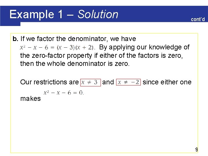 Example 1 – Solution cont’d b. If we factor the denominator, we have By