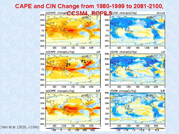 CAPE and CIN Change from 1980 -1999 to 2081 -2100, CCSM 4, RCP 8.