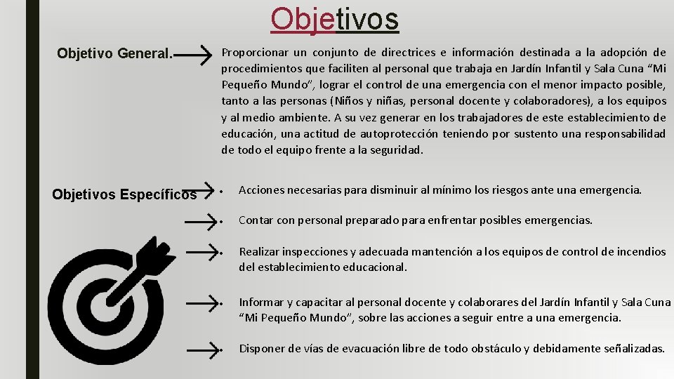 Objetivos Objetivo General. Objetivos Específicos Proporcionar un conjunto de directrices e información destinada a