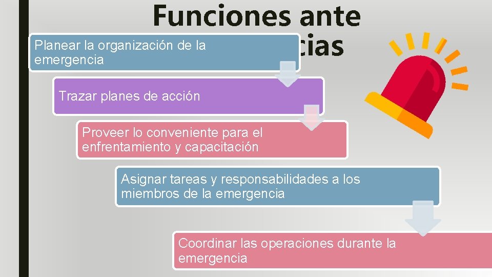 Funciones ante Planear la organización de la emergencias emergencia Trazar planes de acción Proveer