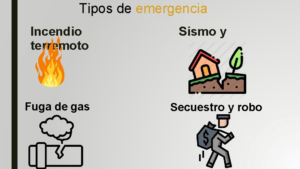 Tipos de emergencia Incendio terremoto Fuga de gas Sismo y Secuestro y robo 