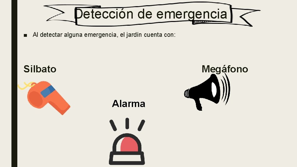 Detección de emergencia ■ Al detectar alguna emergencia, el jardín cuenta con: Silbato Megáfono