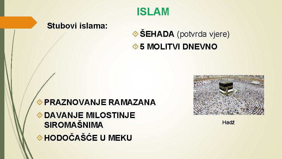 ISLAM Stubovi islama: ŠEHADA (potvrda vjere) 5 MOLITVI DNEVNO PRAZNOVANJE RAMAZANA DAVANJE Ml. LOSTINJE