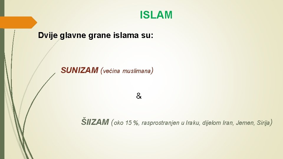 ISLAM Dvije glavne grane islama su: SUNIZAM (većina muslimana) & ŠIIZAM (oko 15 %,