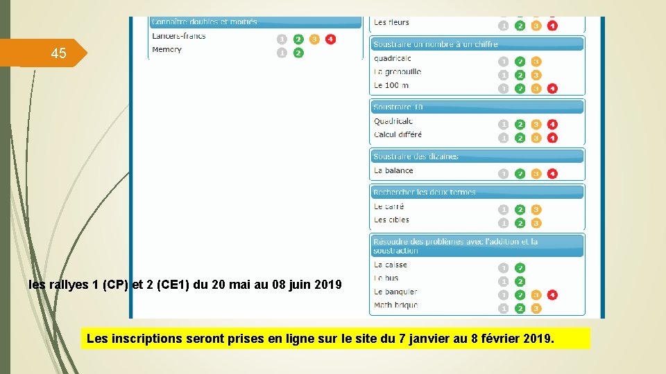 45 les rallyes 1 (CP) et 2 (CE 1) du 20 mai au 08