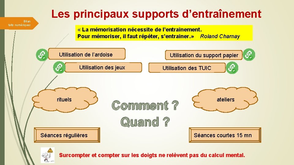 Bilan faits numériques Les principaux supports d’entraînement « La mémorisation nécessite de l’entraînement. Pour