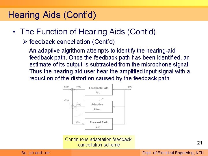 Hearing Aids (Cont’d) • The Function of Hearing Aids (Cont’d) Ø feedback cancellation (Cont’d)