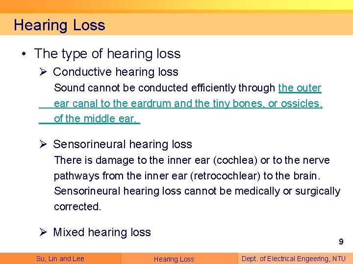 Hearing Loss • The type of hearing loss Ø Conductive hearing loss Sound cannot
