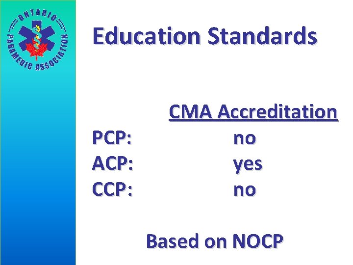 Education Standards PCP: ACP: CCP : CMA Accreditation no yes no Based on NOCP