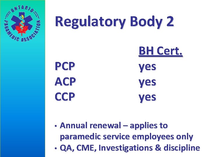 Regulatory Body 2 PCP ACP CCP BH Cert. yes yes Annual renewal – applies