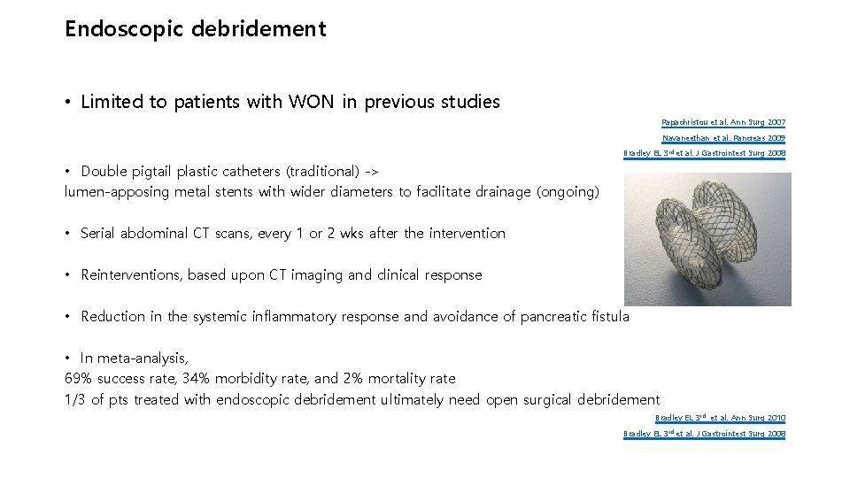 Endoscopic debridement • Limited to patients with WON in previous studies Papachristou et al.