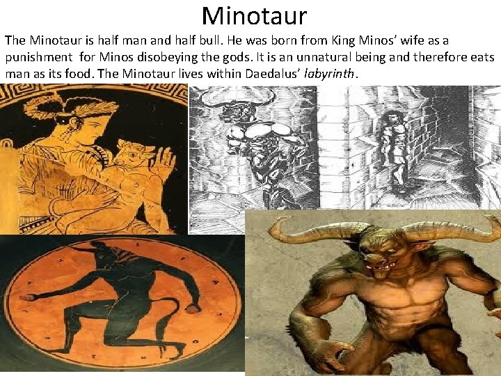 Minotaur The Minotaur is half man and half bull. He was born from King
