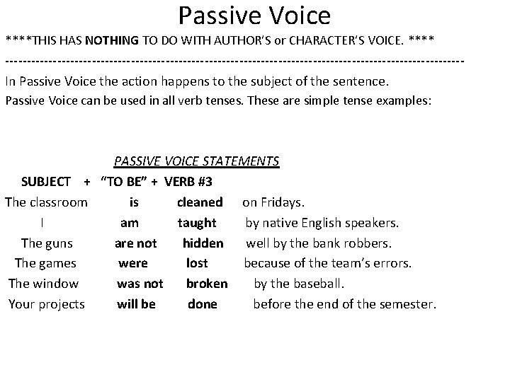 Passive Voice ****THIS HAS NOTHING TO DO WITH AUTHOR’S or CHARACTER’S VOICE. **** -----------------------------------------------------In