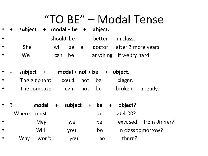 “TO BE” – Modal Tense • + subject + modal + be + object.