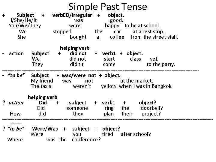 Simple Past Tense + Subject + verb. ED/irregular + object. I/She/He/It was good. You/We/They