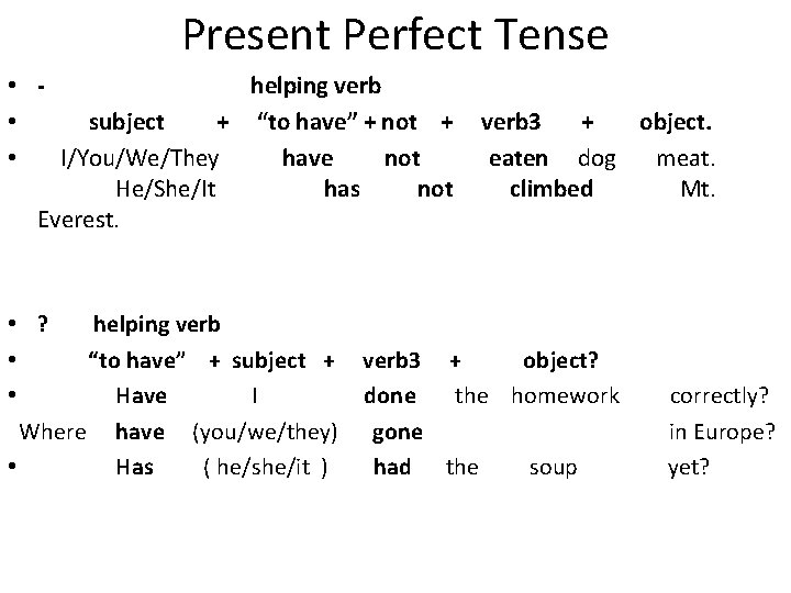 Present Perfect Tense • - helping verb • subject + “to have” + not