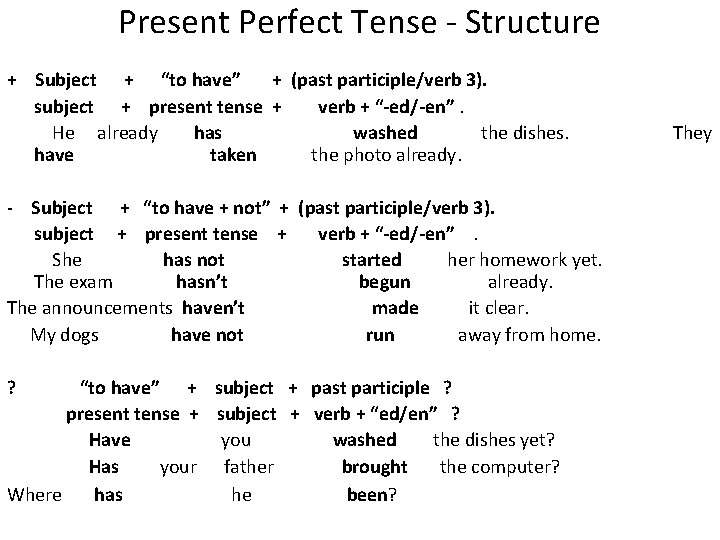 Present Perfect Tense - Structure + Subject + “to have” + (past participle/verb 3).