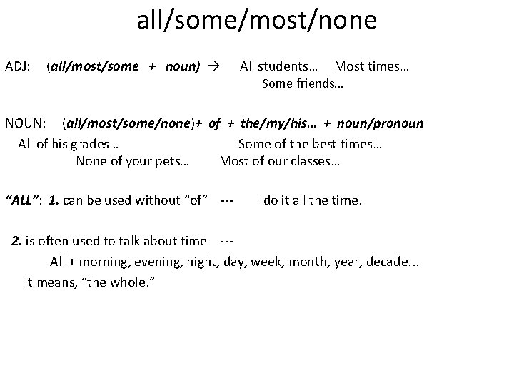 all/some/most/none ADJ: (all/most/some + noun) All students… Most times… Some friends… NOUN: (all/most/some/none)+ of