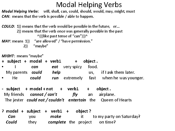 Modal Helping Verbs: will, shall, can, could, should, would, may, might, must CAN: means